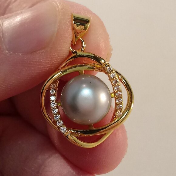 Gold 925 Silver AAAA Infinity Real Gray South Sea Pearl Zircon Necklace Pendant - Picture 3 of 4